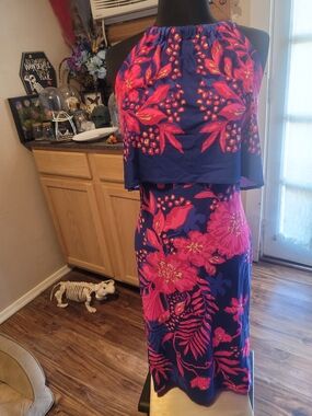 Lilly Pulitzer Navy and Hot Pink Floral Maxi Dress